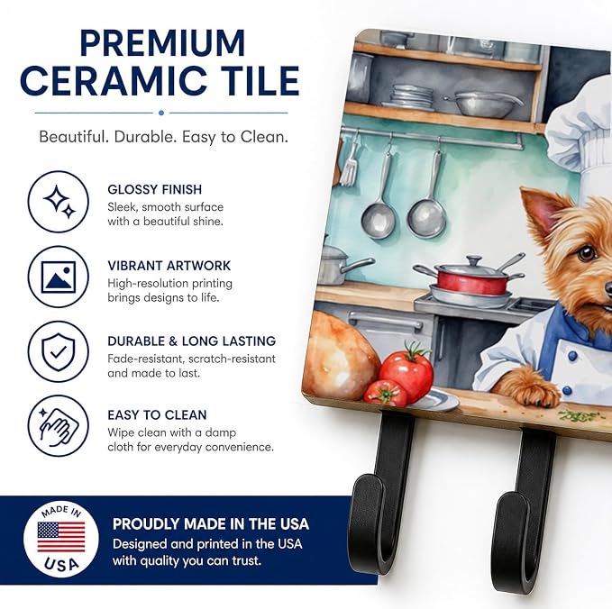 Caroline's Treasures Australian Terrier The Chef Leash or Key Holder Wall Hooks, Key Hooks Holder, Coat Rack Wall Mount, Coat Hooks, Hooks for Hanging Keys, Towels, Aprons, Leashes | Australian Terrier The Chef artwork on ceramic tile with three steel ...