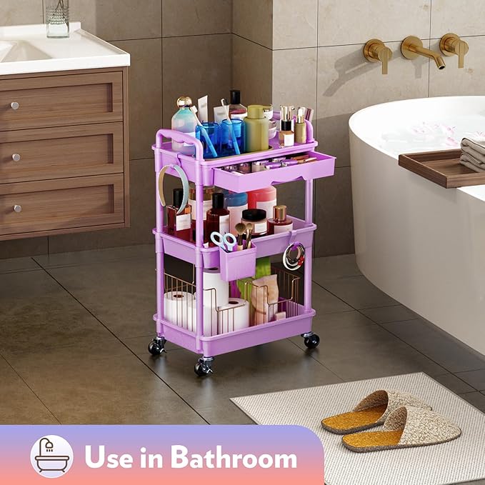 SUNALLY Makeup Cart Organizer with Drawer,3 Tier Rolling Makeup Cart,Purple | Rolling Vanity Storage for Skin Care Perfume Nail Polish, Floor Skincare Organizers Cosmetics Display Bathroom Storage Cart