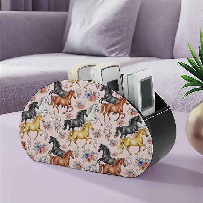 Remote Control Holder Horse Flower Pink Floral 5-Slot Storage Caddy Box | Makeup Brush Organizer, Pu Leather, Horse Flower Pink Floral Desktop Accessory for TV Remotes Media Player