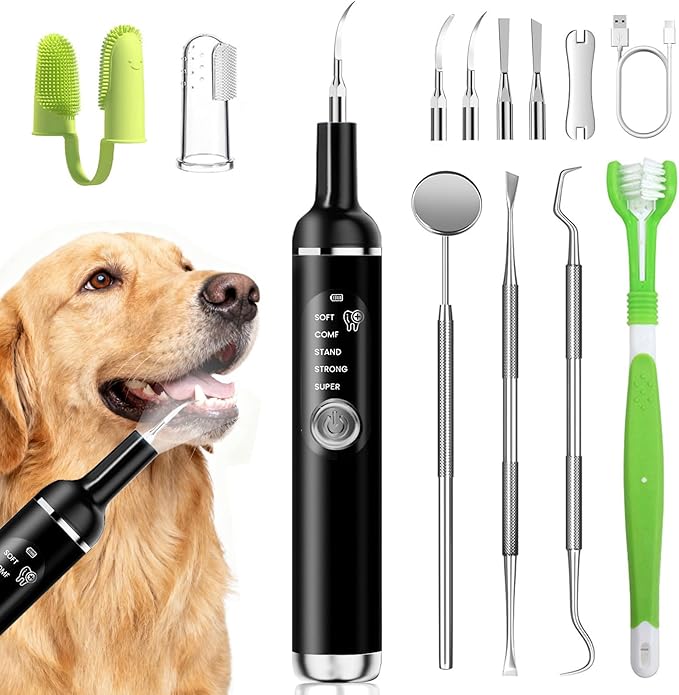 Dog Plaque Remover for Teeth,Pet Ultrasonic Tooth Cleaner with LED Light,Cleaning Kit for Tartar and Stains,5 Adjustable Modes,Pet Teeth Cleaning kit,Suitable for Dogs and Cats (Black)