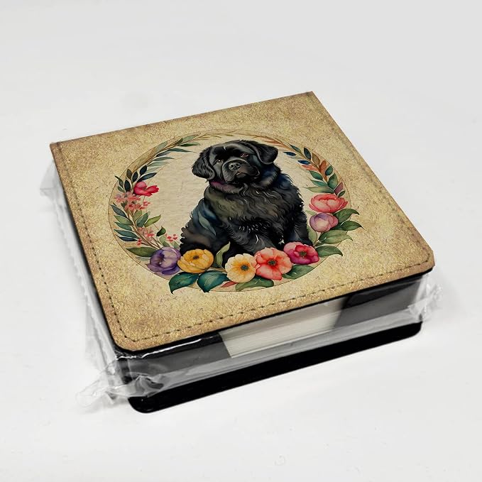 Caroline's Treasures Newfoundland and Flowers PU Leather Note Paper Holder with Artist-Designed Cover, Desk Accessory, Office Gift