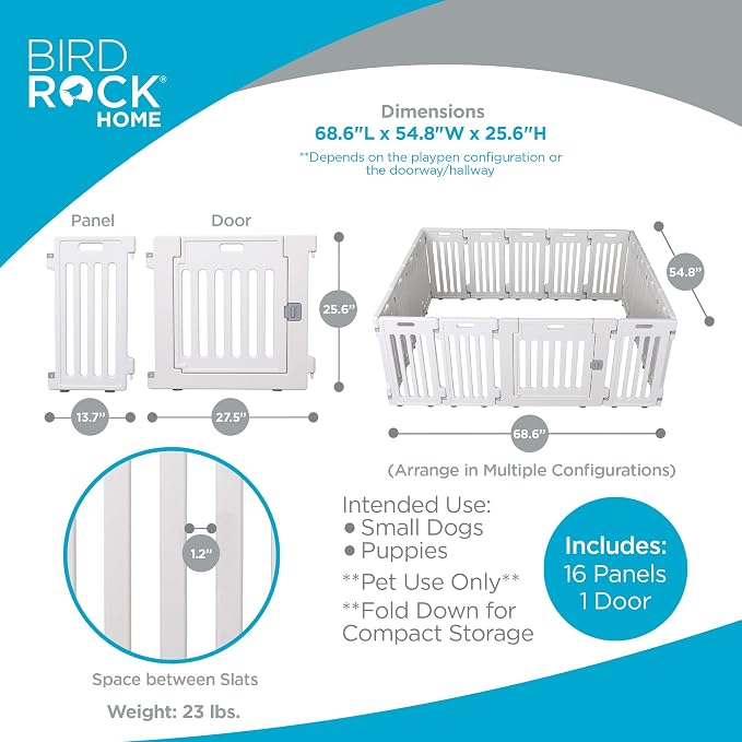 BIRDROCK HOME Dog Playpen w/Door, 16 Panel, 25.6in H | Strong Plastic, Non-Slip Puppy Playpen, Secure Pet Gate | Indoor Outdoor Fence | Configurable Panels | Medium to Large Pets - White | 17-Panel Durable Plastic Playpen for Puppies and Small Dogs, Pe...