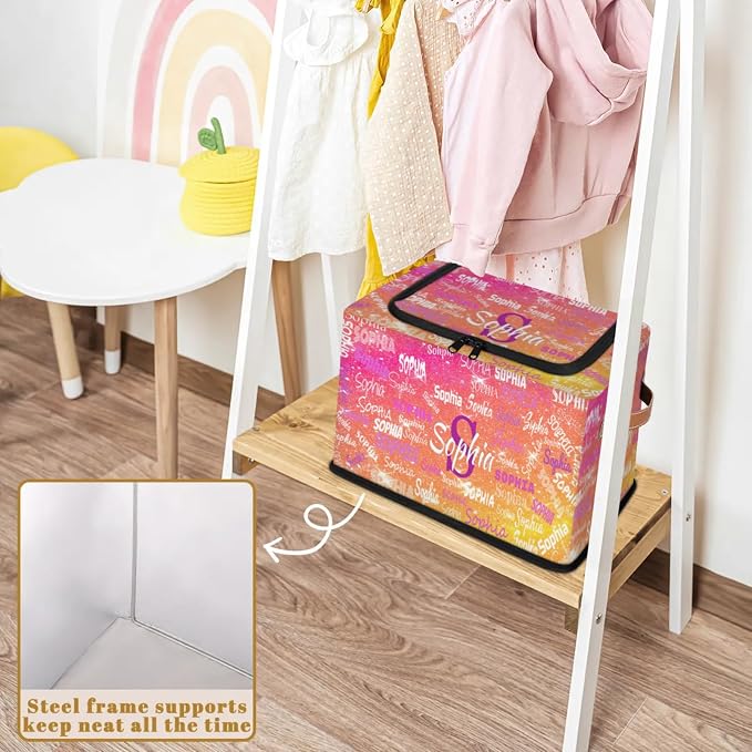 Personalized Foldable Storage Basket with Name, Zipper Lid Laundry Hamper Dirty Clothes Pet Toys Storage Bin for Shelf Home Closet Kitchen, Gradient Red Orange Yellow Glittering Galaxy