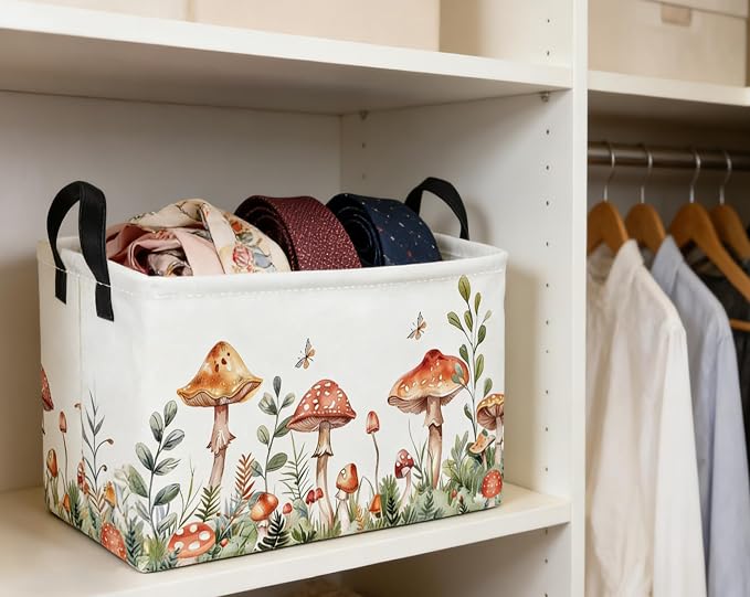 Essme Rectangular Mushroom Basket,Kids Storage Bins Organizer with Handles for Girls Room Decor, Gift Basket,Shelf Basket.(Mushroom)