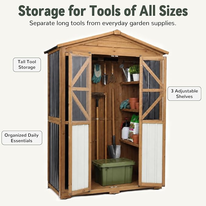 Ketive Outdoor Storage Cabinet, 72-Inch Tall, with Adjustable Shelves | Fir wood frame, metal panels, sloped asphalt roof, hooks and ground stakes for patio and backyard organization.