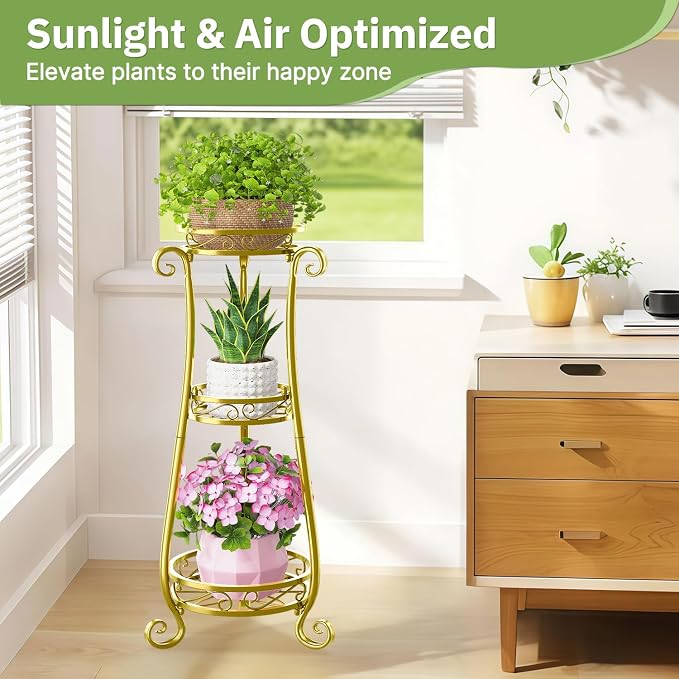 KMOTASUO 3 Tier Metal Plant Stand Tall for Indoor Outdoor Corner, Gold | Heavy Duty Flower Holder Rack, Modern Vertical Iron Shelf for Patio Bathroom Office Garden