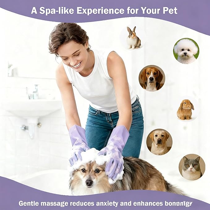 Pet Grooming Gloves for Cats Dogs, 3000 Silicone Grooves Bathing Gloves, Wet Dry Dual Use Washing Massage Gloves, Pet Bath Supplies for Gentle Cleaning Grooming （Purple）