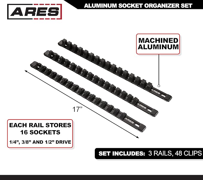 ARES 70087 3-Pc 1/4,3/8,1/2-In Socket Rail | Part No. 70087; 1/4-Inch, 3/8-Inch, and 1/2-Inch Drive Rails Hold 48 Sockets and Keep Your Tool Box