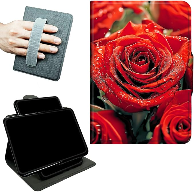 Rotating Handle Case for Samsung Galaxy Tab A7 Lite 2021 8.7", 360 Degree Swivel Kickstand with Magnetic Closure Shockproof Leather Protective Cover for Women Men, Red Rose