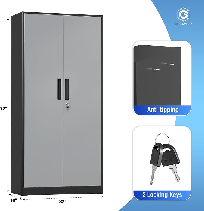 Greenvelly Metal Storage Cabinet with Doors and Shelves, 72" Inch Locking Metal Cabinet,Garage Storage Cabinet for Garage Office School Warehouse (Black Gray)