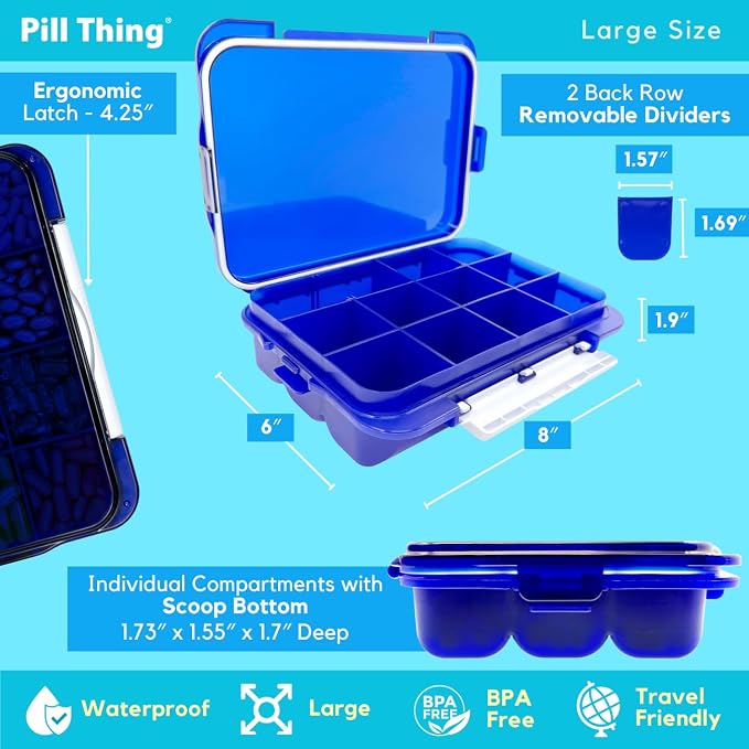 12 Compartment Large Pill Case with Airtight Seal - Silicone Gasket Waterproof Med Box with Medication Map (Blue 2 Pack)