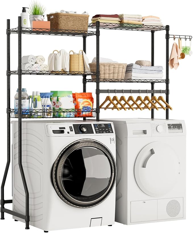 Golpart Laundry Organizer Shelves Over the Washer and Dryer Storage Shelf | Heavy Duty Laundry Room Organization Clothes Drying Rack Adjustable Height Wire Shelving and Wire Basket with Hanger Rod