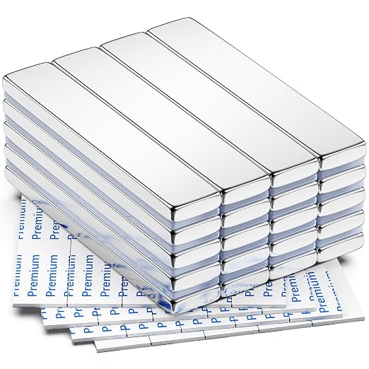 FINDMAG Rare Earth Bar Magnets with Adhesive Backing, 20 Pack, 60x10x3mm | Strong rectangular magnets with a flat mounting surface; for workshop fixtures, tool placement, cabinet doors and displays