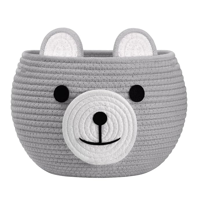 CherryNow Baby Basket for Gifts Empty, Cute Bear Design, Light Grey | 10.5" x 8.5" Woven Rope Baby Shower Basket, Fits Living Room Nursery Décor, Small Gift Baskets Empey for Kids