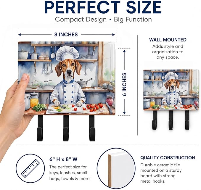 Caroline's Treasures American Foxhound The Chef Leash or Key Holder Wall Hooks, Key Hooks Holder, Coat Rack Wall Mount, Coat Hooks, Hooks for Hanging Keys, Towels, Aprons, Leashes | American Foxhound The Chef artwork on ceramic tile with three steel ho...