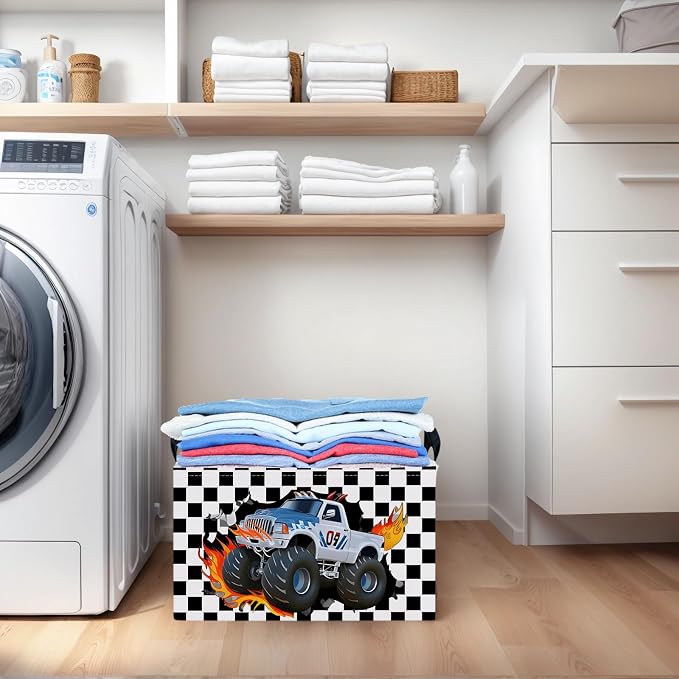 Racing Car Storage Basket Monster Truck Toy Book Shelf Basket Kid Room Decor Gift (Black and White Checkered)