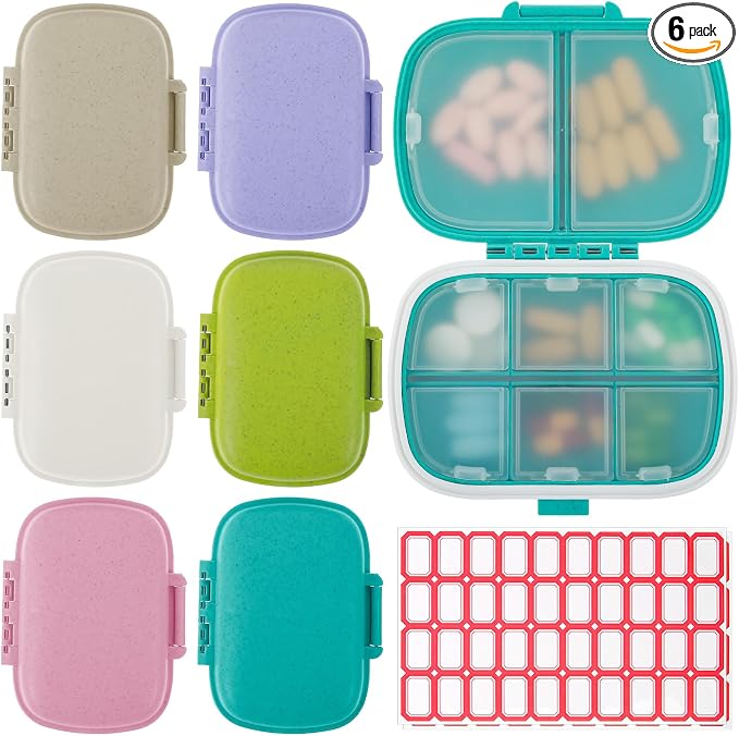 6 Pack Travel Pill Organizer 8 Compartments Portable Pill Case with Label Small Pill Container for Pocket Purse Medicine Storage Dispenser Waterproof Vitamin Holder Pill Supplement Case