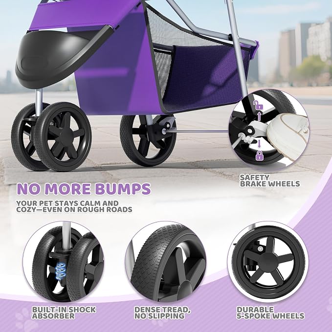Magshion 3-Wheel Pet Stroller for Small/Medium Dogs & Cats, Up to 33lbs | Foldable Travel Jogger w/ Breathable Mesh Cover, Lightweight Design, Safety Tethers, Cup Holder & Storage Basket