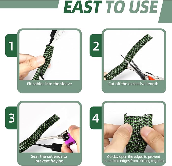 Split Wire Loom Tubing, Cable Protector Sleeve, Braided Cable Management for TV/Computer/Home Theater/Engine Bay, Cord Protectors from Pets No Chew (Green Black, 1"-10ft)