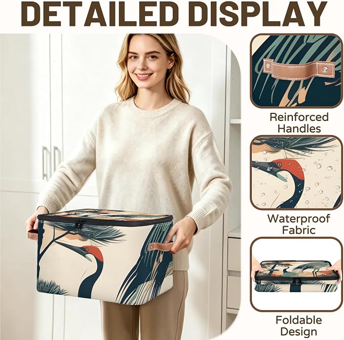 Crane Birds Foldable Storage Bin with Lid Zipper | Closet Shelf Organizer, Boxes, Basket Containers for Home, Lidded Storage Cube for Bedroom, Waterproof, with Handles