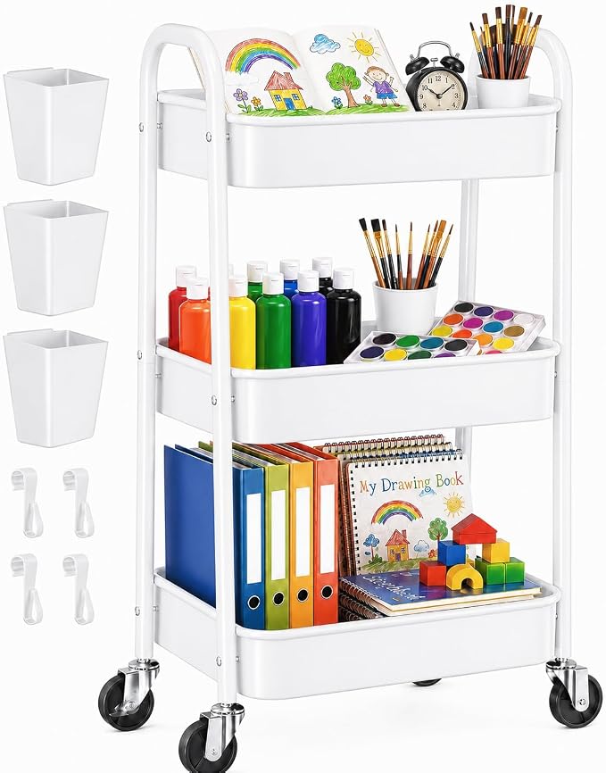 3 Tier Metal Rolling Cart Organizer, White Utility Storage Carts on Wheels | Three Tiered Bedside Carts for Baby Essentials, Utility Roller Shelf for Snack, Art, Cleaning, Craft, Diaper Caddy, Book