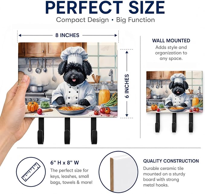 Caroline's Treasures Puli The Chef Leash or Key Holder Wall Hooks, Key Hooks Holder, Coat Rack Wall Mount, Coat Hooks, Hooks for Hanging Keys, Towels, Aprons, Leashes | Puli The Chef artwork on ceramic tile with three steel hooks for keys, leashes, towels