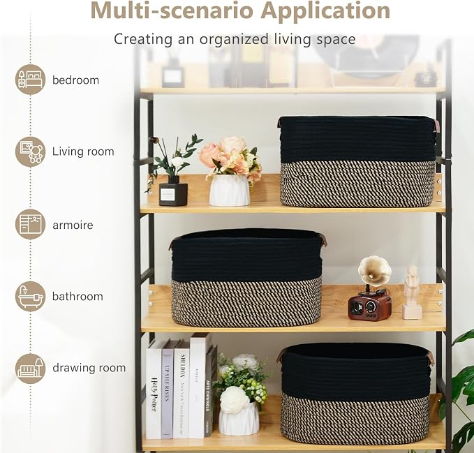 ECDYQXVU 15x10x9 Woven Cotton Rope Storage Basket, Leather Handles 3 Pack | Foldable Design, Sturdy PU Handles, Easy to Clean Organizer for Living Room, Closet, Shelves, Bedroom, Laundry, Clothes