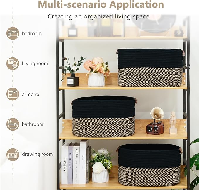 ECDYQXVU 15x10x9 Woven Cotton Rope Storage Basket, Leather Handles 1 Pack | Foldable Design, Sturdy PU Handles, Easy to Clean Organizer for Living Room, Closet, Shelves, Bedroom, Laundry, Clothes