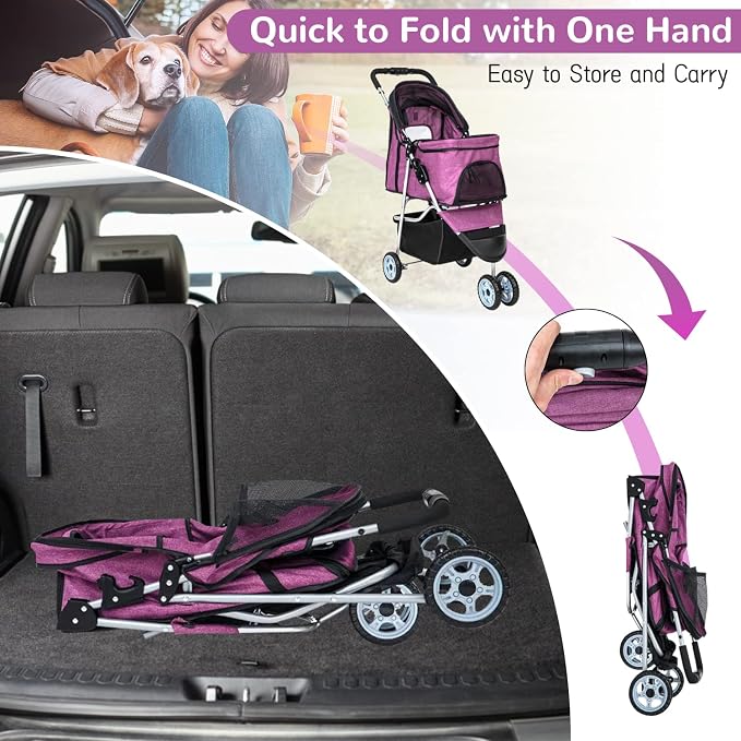 BLKMTY 3 Wheels Dog Stroller, Foldable Stroller for Cat, Dogs Waterproof Travel Carrier Strolling Cart for Puppy Small Dog Jogger Strollers W/Cup Holder & Storage Basket, Purple