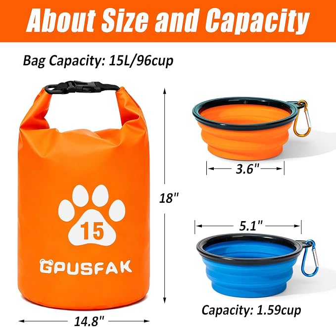 Pet Food Storage Bag with Bowl (96 Cup) - Zip Roll Top Dog Food Travel Bag Waterproof Kibble Container for Camping Road Trips Travel Dog Boarding Weekend Getaways Machine Washable 15L Orange
