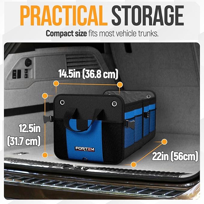 FORTEM Trunk Organizer - Collapsible Car Organizer & Storage Bag for SUVs | Car Accessories for Men & Women, Cooler Bag, Non Slip Bottom, Straps, Soft Cover, 1680D Oxford, 3 Compartments, Blue, 65L