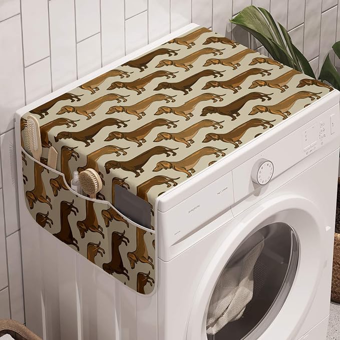 Ambesonne Dachshund Washing Machine Organizer, Continuous Pattern Pet Sausage Dog Lover Print, Anti-slip Fabric Cover for Washers and Dryers, 47" x 18.5", Grey Yellow