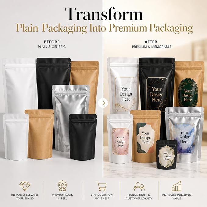 Custom Pouch Labels - Personalized Waterproof Vinyl Stickers for Pouches | Coffee Bags, Food Packaging, Tea, Protein Powder, Pet Treats, Glossy Custom Product Labels