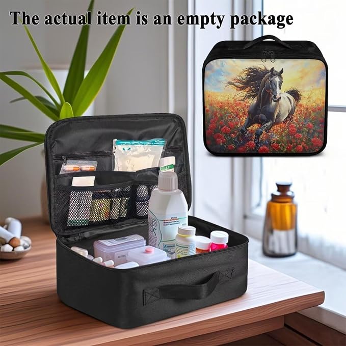 Rnyleeg Sunset Horse First Aid Bag Empty Romantic Rose First Aid Kit Home Lightweight Medical Travel Kit with Mesh Pockets&Handle Easy to Clean