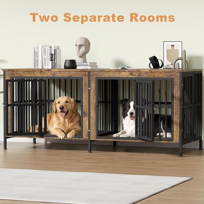 78" Double Dog Crate Furniture for Medium/Large Dogs, Brown | Thick wood, heavy-duty steel, 4-door escape-proof locks, waterproof scratch-resistant, extra-large, stylish, easy assembly