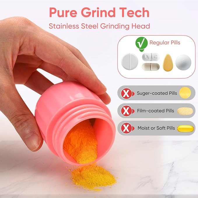 3-in-1 Pill Crusher and Cutter (Pink) | Pills Crusher Fine Powder with Stainless Steel Grinding Head, Storage for Tablets, Cutter Splitter for Small and Tiny Pills