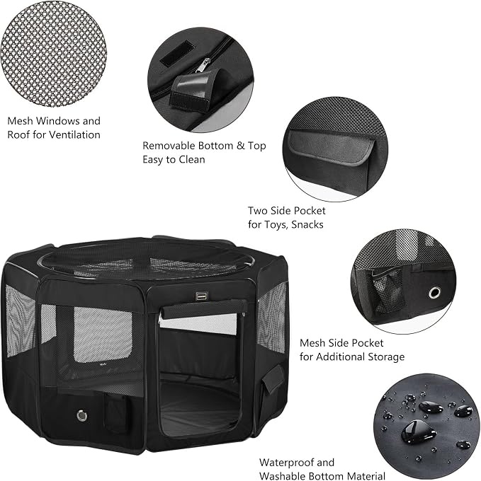 Dog Playpen Portable Pet Play Pens for Small Dog/Cat/Rabbit/Chicks, Cat Playpen Indoor/Outdoor with Carring Case, Removable Zipper Top and Bottom (Black, Medium (36"x36"x20"), 8)