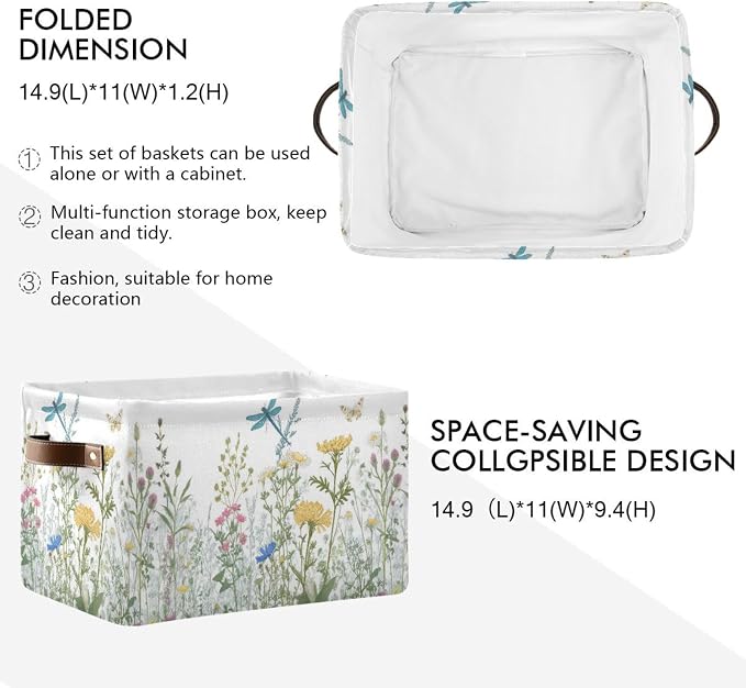 Colorful Herbs And Flowers Storage Baskets,Decorative Collapsible Rectangular Canvas Fabric Storage Bin for Home