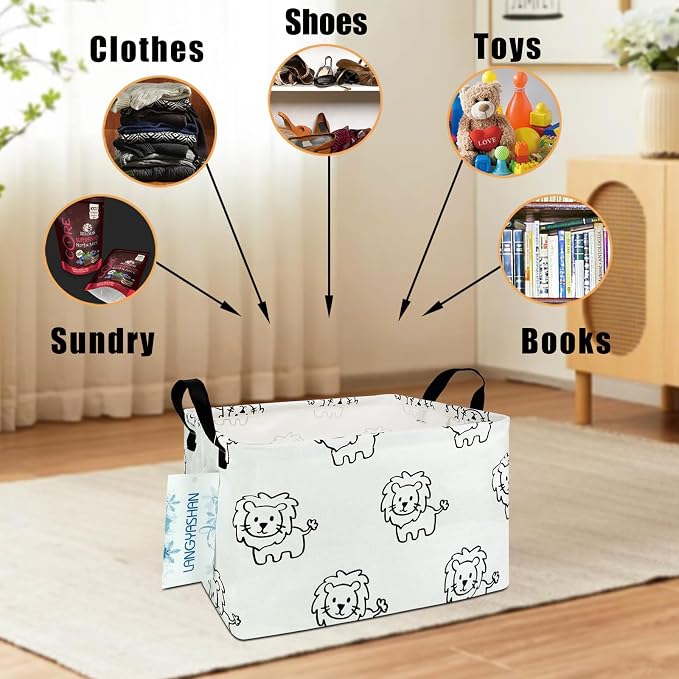Rectangular Collapsible Lion Storage Basket Nursery Organizer | Storage Bin Foldable Canvas with Handles for Organizing Home Kitchen Children Toys Office Closet Shelf Baskets