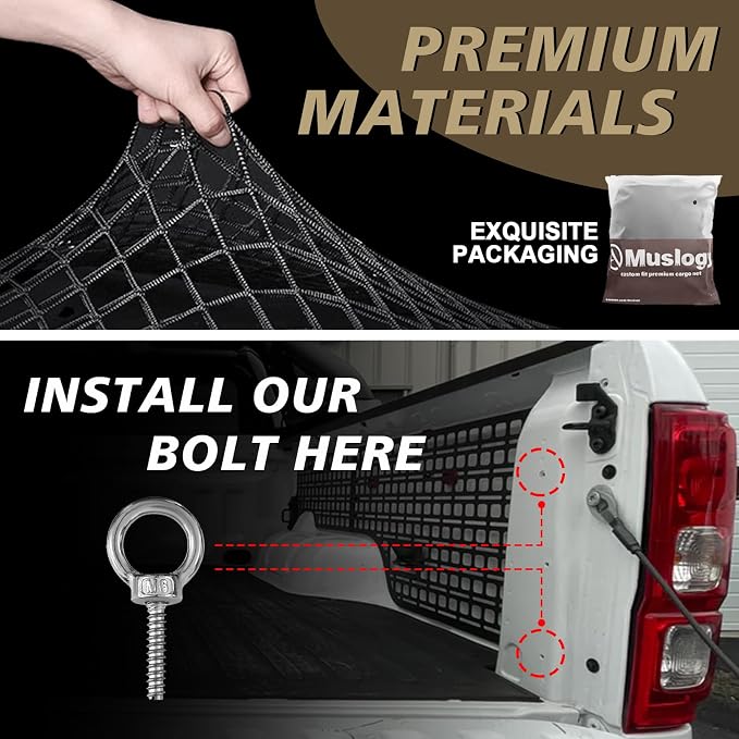Muslogy Cargo Net for Ford Ranger 2019-2023 Accessories | Custom Fit, Truck Bed Storage Organizer Net for Pickup Truck Bed Divider, Heavy Duty Carabiners, Night Visible Grab Handle