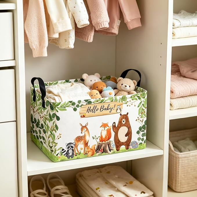 Rectangle Foldable Storage Basket Handles For Home, Forest Animals | Waterproof canvas material, reinforced handles, perfect for shelf use, organizes clothes, daily items and pet supplies