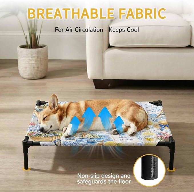 Summer Village Elevated Dog Bed, Coastal Blue Flowers Cart Yellow Lemons Starfish Outdoor Raised Pet Bed for Dogs Cats, Portable Breathable Cooling Waterproof Pet Cot 28x22 Inch
