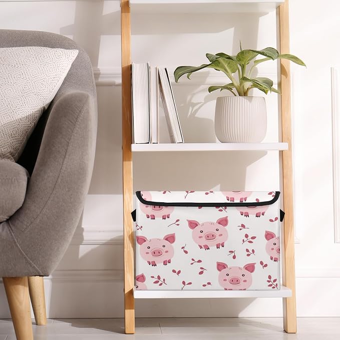 Pink Pig Storage Bins with Lids, Cute Pigs Foldable Storage Boxes with Carrying Handle Organizer Containers Baskets Cube for Home Bedroom Closet
