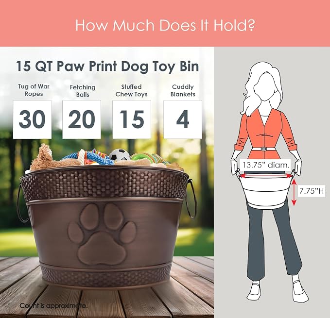 BREKX Metal Indestructible Dog Toy Bin - Chew-Proof Storage Bin | Copper Finish Farmhouse Organizer Storage Basket for Pet Toys, Blankets, Leashes with a Embossed Paw-Print