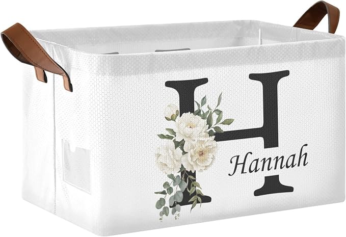 Personalized Storage Basket with Handles&Clear Labels Folding Laundry Basket Custom Name Basket Collapsible Cubes Organizer Bins for Home Wedding Gifts Kids Room Shelf Closet, Watercolor Floral