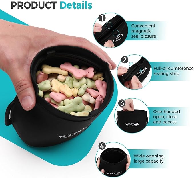 Silicone Dog Treat Pouch with Poop Bag Holder,Waterproof Magnetic Close Sealable Fanny Pack with Adjustable Waist Belt, Pet Puppy Training Essentials, One-Handed Opening with Press & Magnetic (Black)