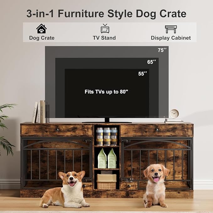Dog Crate Furniture for 2 Dogs, Double Dog Crate TV Stand, Brown | 78.7'' Large Dog Kennel Indoor, 2 Storage Drawers, 3 Shelves and Feeding Bowls, Pet Kennel for Small and Medium Dogs