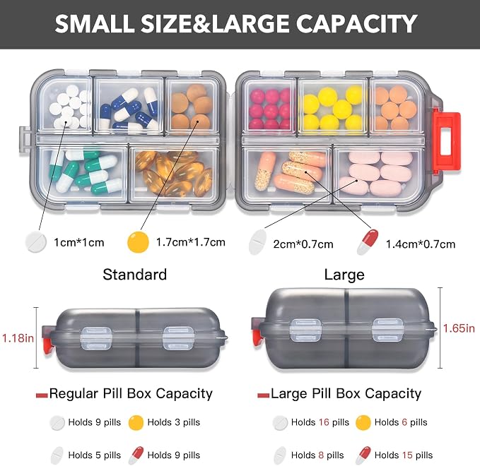 Large Pill Organizer with 189 Labels, 10 Compartments Travel Medicine Kit Travel Medicine Organizer Pocket Pill Case Travel Pill Box Travel Pill Organizer for Purse Vacation Essentials (Gray, 1 Pack)