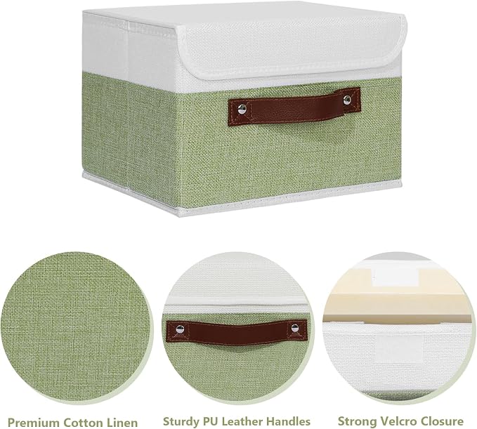 ANMINY Fabric Storage Box Bins with Lids, Green White, 10"x8"x7" | Keepsake Memory Storage, Cotton Linen, PP Board Reinforced, Washable, PU Handles, Foldable & Stackable, Decorative, Small