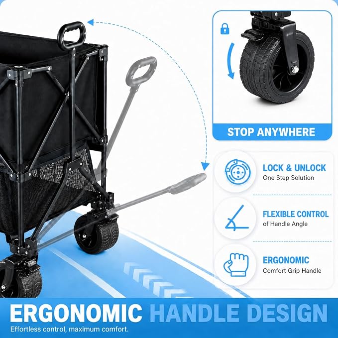 600LB Double Decker Foldable Wagon Cart, 400L Large Storage, Heavy Duty | 50" Extended Collapsible Wagon, Extra Large Collapsible Cart with Wheels for Camping, Fishing, Beach & Outdoor Use